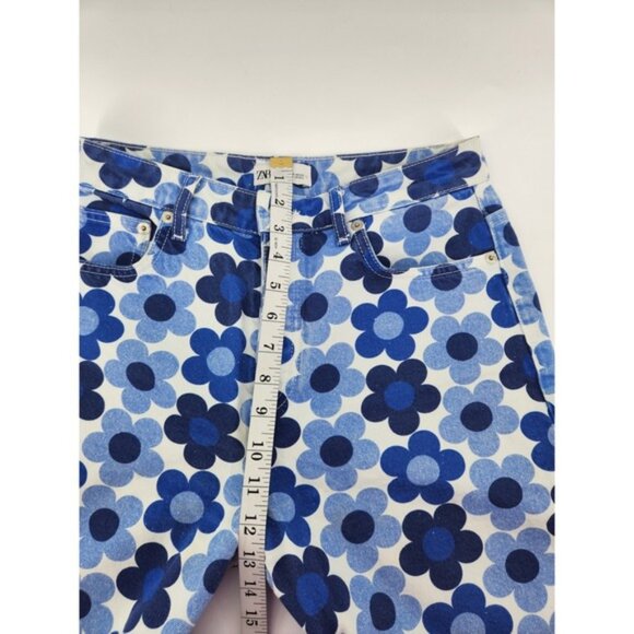 Zara Women's Blue Floral Print High Waist Button Fly Denim Jeans Size‎ 6 - Picture 7 of 8